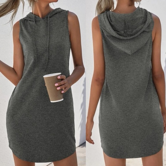 Casual navy blue sleeveless hoodie dress - Picture 10 of 12